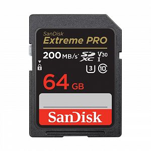 Sandisk SDXC Extreme Pro 64GB 200MB/s V30 Lesen 200 MB/sec, Schreiben 90 MB/sec.